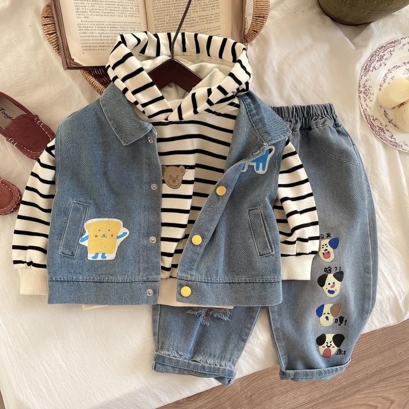 2025 Boys' Striped Jacket & Casual Hoodie Set - Korean Style Spring/Autumn Three-Piece for Children