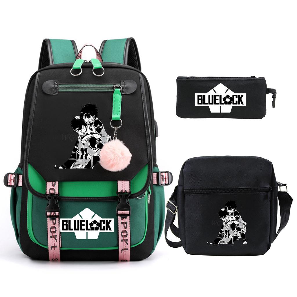 Blue Prison Student School Bag Large Capacity Children'S Shoulder Bag Casual Pencil Bag Set