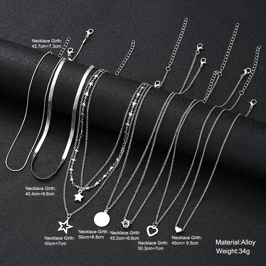 9 Pcs Simple Choker Necklaces for Women Fashion Love Heart Star Pendant Layered Necklace Jewelry Gift European and American