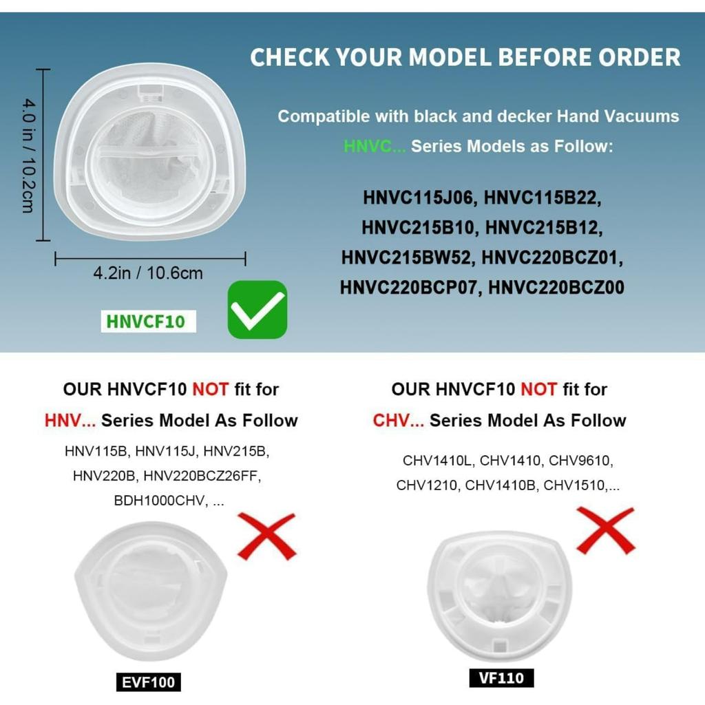 HNVCF10 Filter Replacement for and Decker Dustbuster Hand Vacuum HNVC115, HNVC215, HNVC220 Series