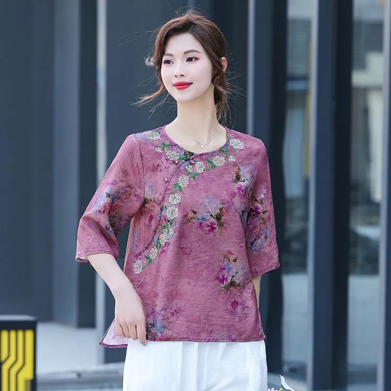 

Women s Pink Chinese Style Floral Print Blouse Round Neck 3/4 Sleeve Casual Top XL фиолетовый