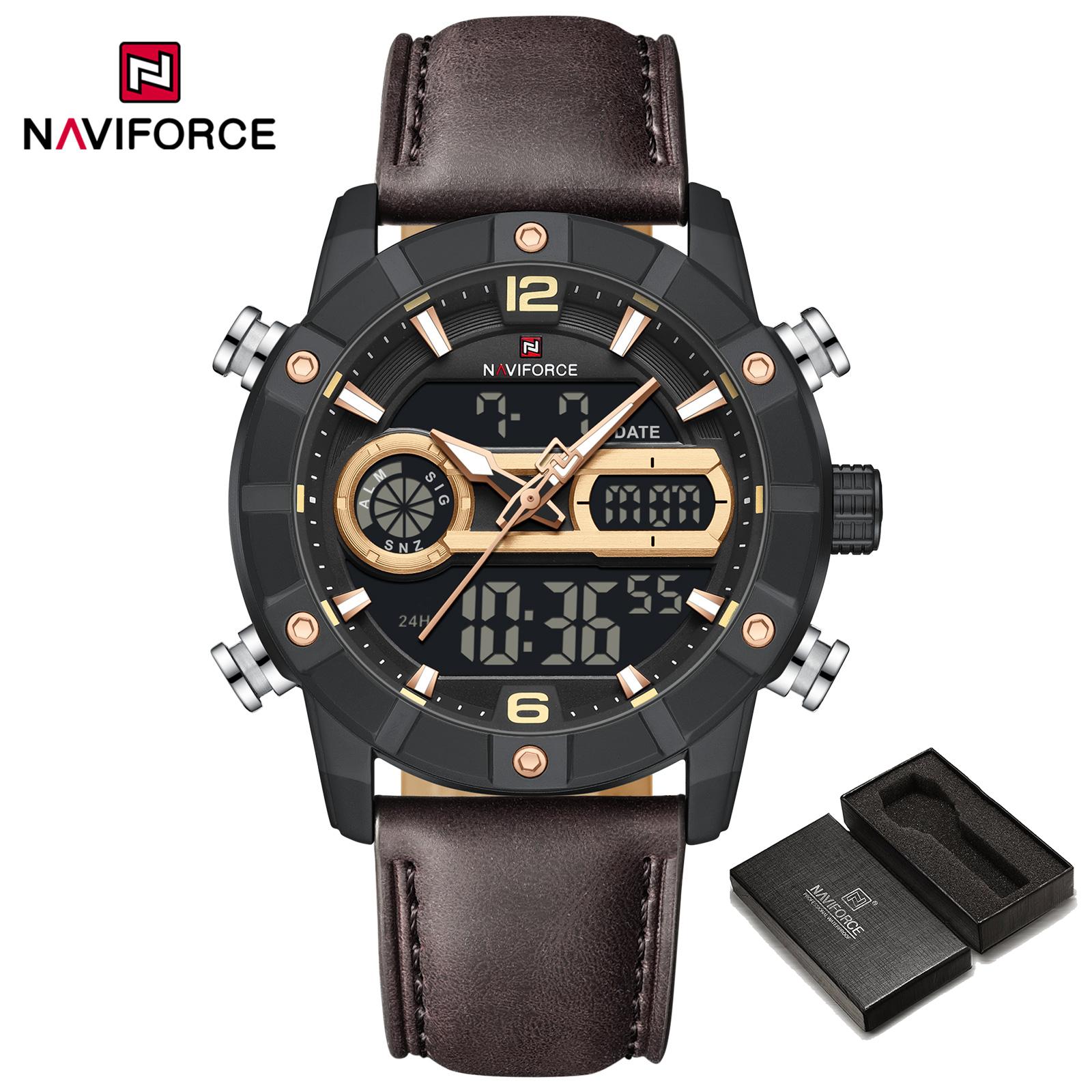 

Годинник NAVIFORCE для чоловіків Подвійний час Люмінесцентні стрілки Кварцовий механізм РК-дисплей Шкіряний ремінець Водонепроникний Чоловічий годинник Подарунок NF9263 коричневий