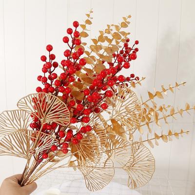 Christmas Decoration Gold Artificial Plant Bouquet Fake Red Fruit for Home Decor Xmas Tree Ornaments New Year 2025 Party Supplie