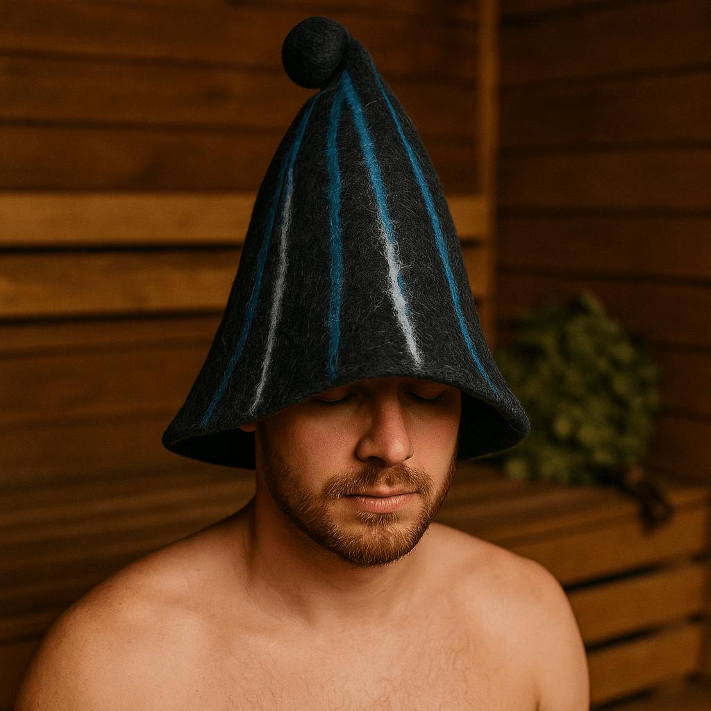 Sauna Hat Felted Wizard Black Blue Streaks