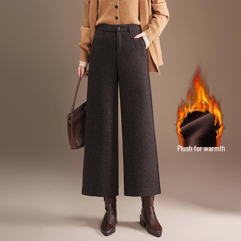 High-Waisted Woolen Velvet Lined Wide-Leg Slimming Pants - Thickened Nine-Point Petite Fit Small