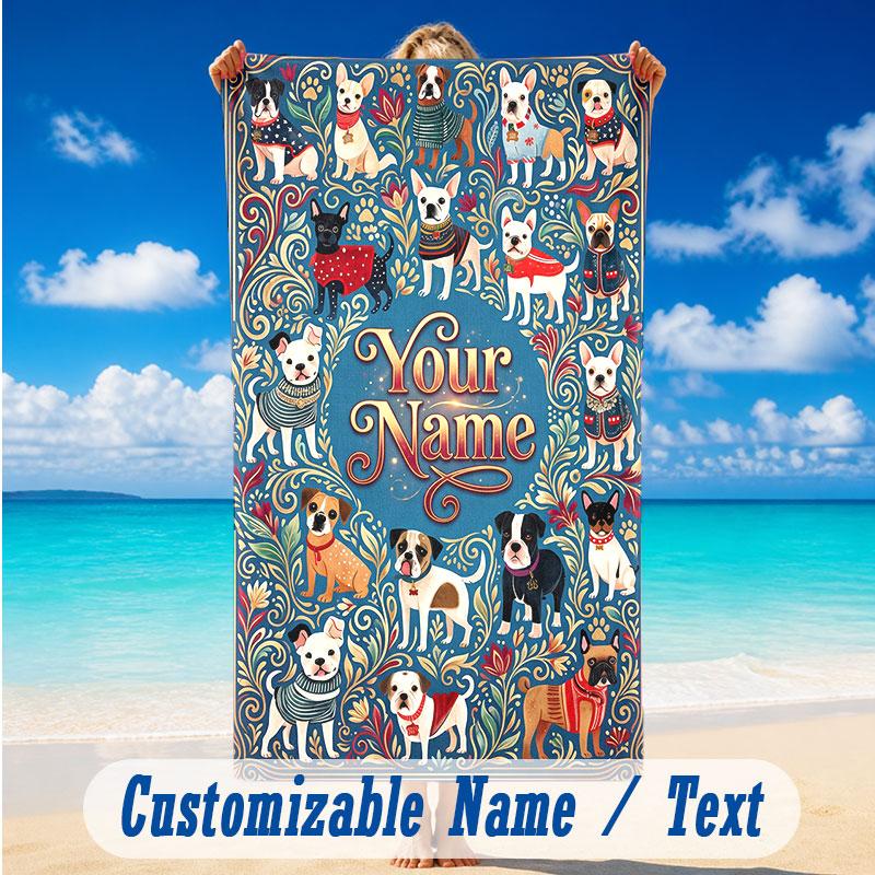 Dog Theme Beach Towel Personalized Custom Name & Text Soft Quick Dry Beach Towel for Swimming Travel