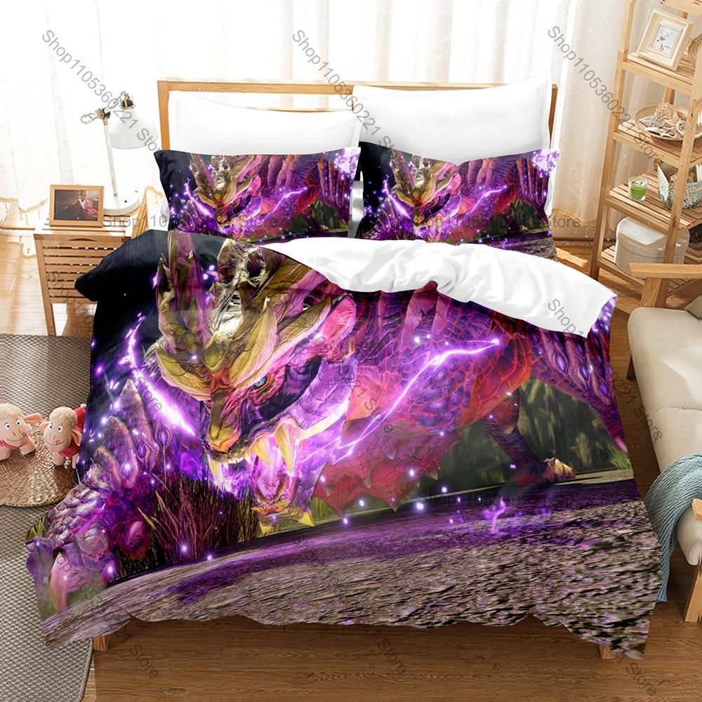 Monster Hunter Rise Merch 3-delat Sängkläder Påslakan Med 2 Örngott Tvättbar Dragkedja Spel Sängöverkast