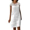 Einfarbige Leinen-Baumwoll-Spitzen-Patchwork-Damen-Kurzarmkleid