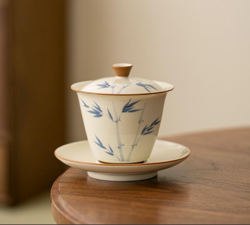 150ml Hand-painted Persimmon Bamboo Cover Bowl Household Anti Scald Gaiwan Handmade Tea Tureen Tea Making Tea Cup Tea Items