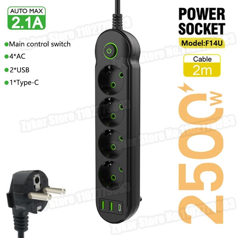 F14U F20U EU Plug Power Strip 2M Extension Cable 4/8 AC Outlets Electrical Socket With USB Type C Network Filter Fast Charging