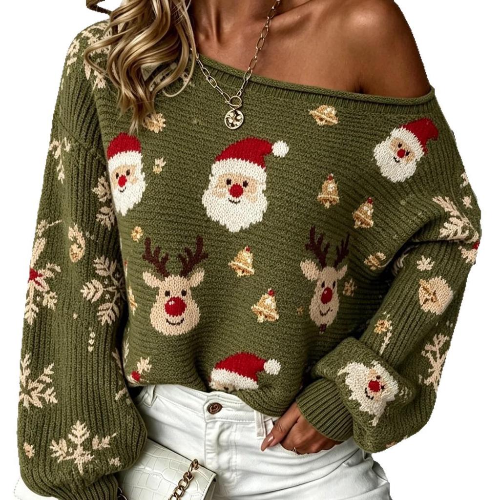 Cozy One-Shoulder Long Sleeve Knit Sweater for Women - Warm Christmas Autumn/Winter Style 2026
