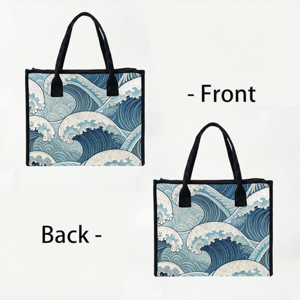 Vintage Wave Print Casual Tote Bag Daily Use Shoulder Bag Stylish Handbag for Women Outdoor Travel Commute Bag