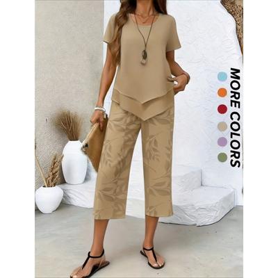 Damski Letni Modny Zestaw Dwuczęściowy, Stylowy Wyszczuplający Top z Krótkim Rękawem, Eleganckie Casualowe Spodnie Szerokie w Nogawkach z Wysokim Stanem, Dopasowany Zestaw