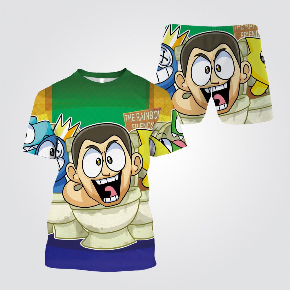 Summer Round Neck 3D Cartoon Toilet Person Vs. Monitoring Person Printed Set Fashionable and Casual Short Sleeved Shorts Children's Boy Clothing Sets