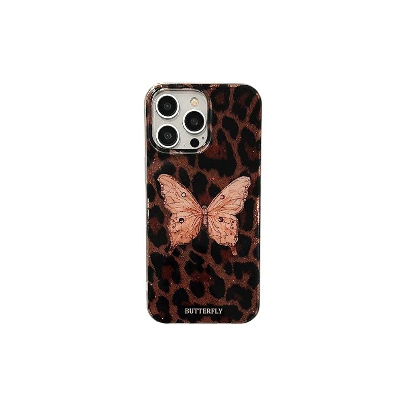 Retro Flash Butterfly Epoxy Glitter Suitable for Apple 17promax Mobile Phone Case Leopard Print iPhone16 Protective Case 15