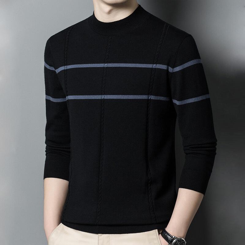 Neuer Wollpullover für Herren aus reiner Wolle, langärmelig, halbhoher Kragen, gestreifter Pullover mit Bodenbildung, Pullover mit Kammgarnmuster, Flut