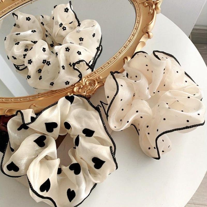 Soft Fabric Scrunchies Hair Tie For Women Girls Round Dot Floral Heart Design Elastic Hair Accessories No Metal Part