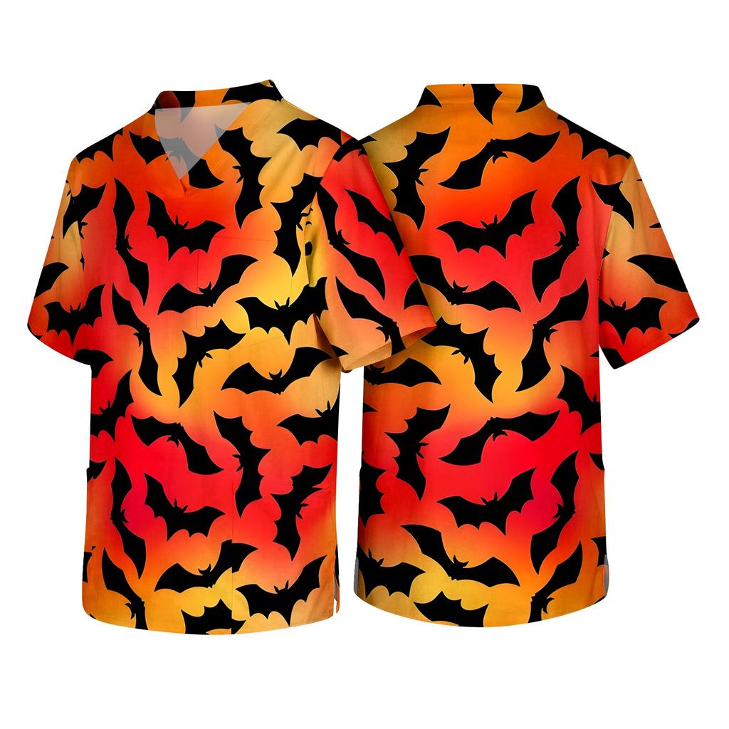 Men V Neck Short Sleeve Halloween Print Chest Pocket Scrub Top Classic Fit Comfortable Workwear Uniform Shirt