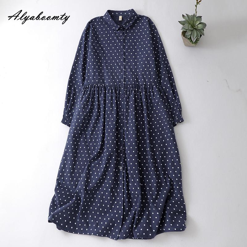 Mori Girl Spring Autumn Women Shirt Dress Turn-Down Collar Polka Dot Loose Dress Navy Blue Vintage Elegant Chic Dress