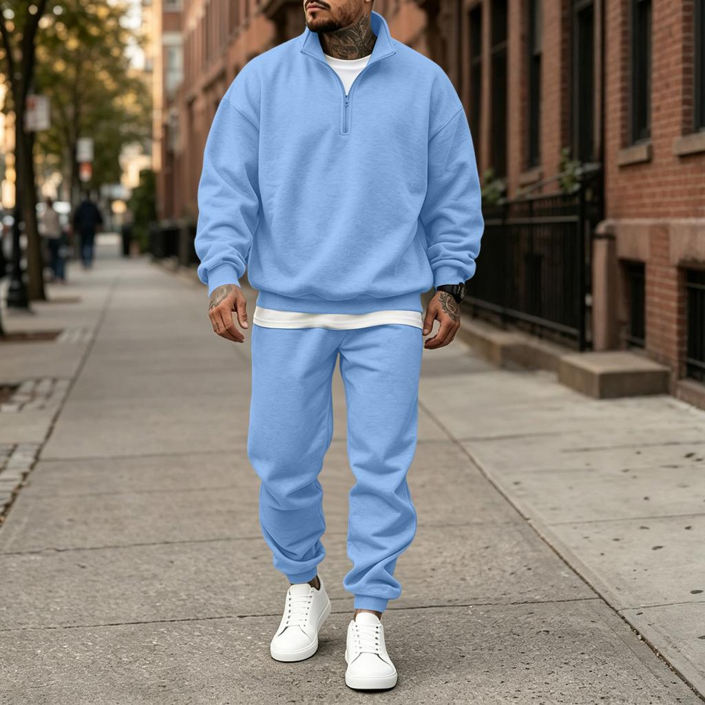 Men's Casual Loose Fit Lined Stand Collar Sweatshirt Set for Fall and Winter