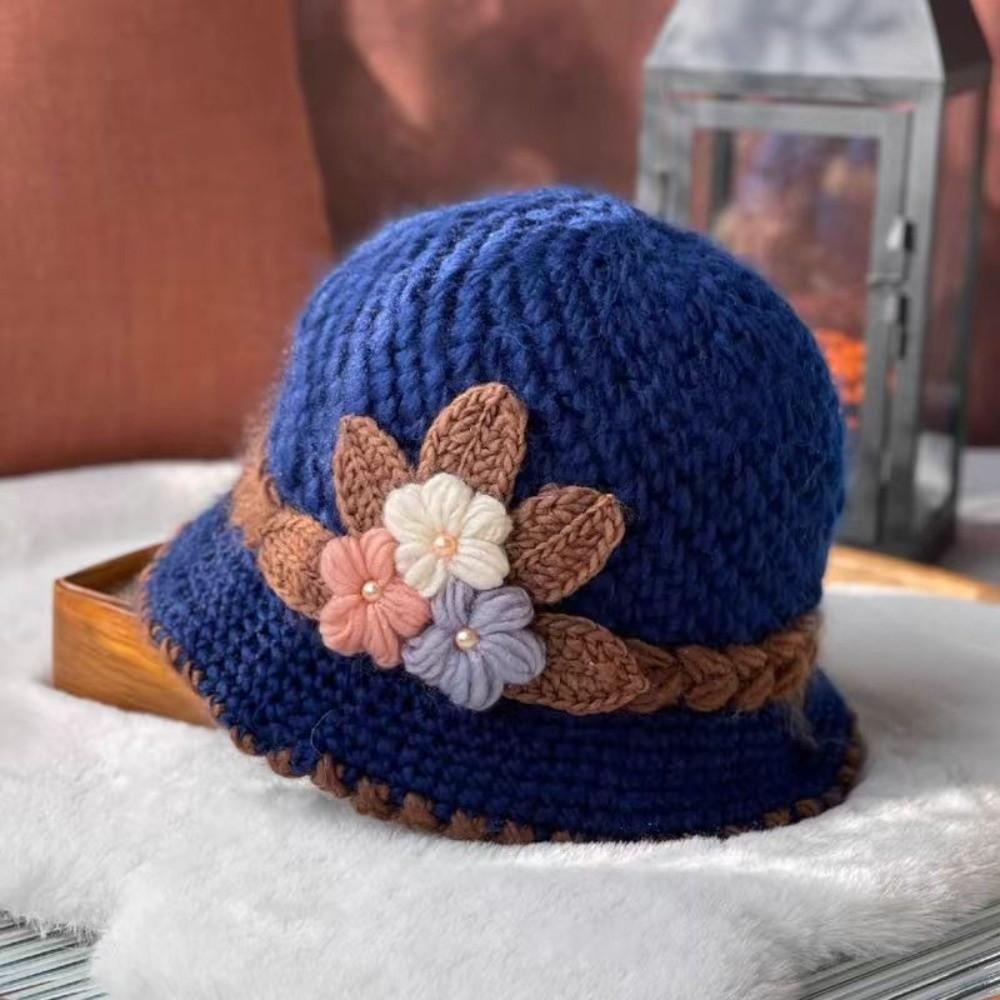 Plush Knitted Bucket Hat Warm Floral Crochet Hat Fashionable Yarn Cloche Hat Winter