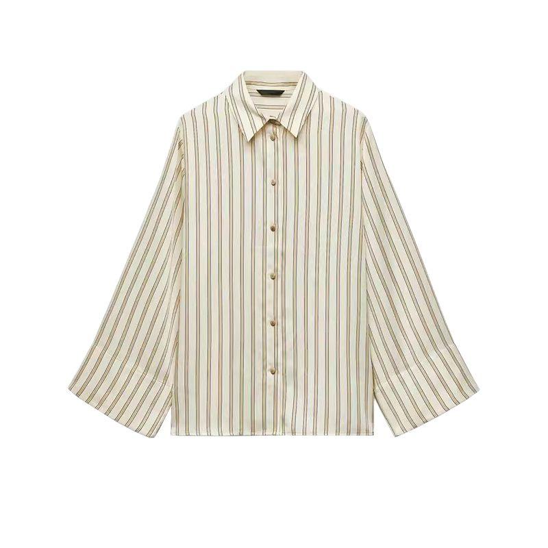 Spring New Women Clothes Lapel Vertical Temperament All-Match Wide Sleeve Stripe Shirts 7969022 7969021
