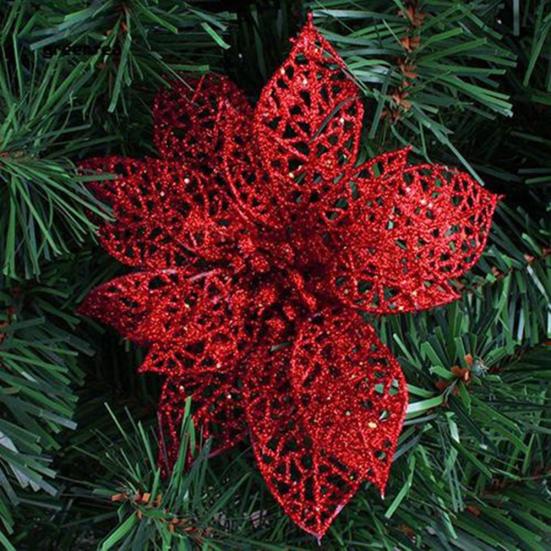 5Pcs Glitter Hollow Artificial Christmas Flower Ornament Xmas Tree Garland Decor