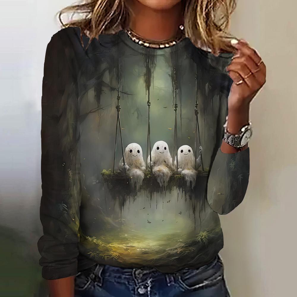 Family Of Ghosts Pattern Print Funny Women's T-shirt Halloween 2024 New Long Sleeves T Shirt Tops Fashion Y2K Clothes Streetwear