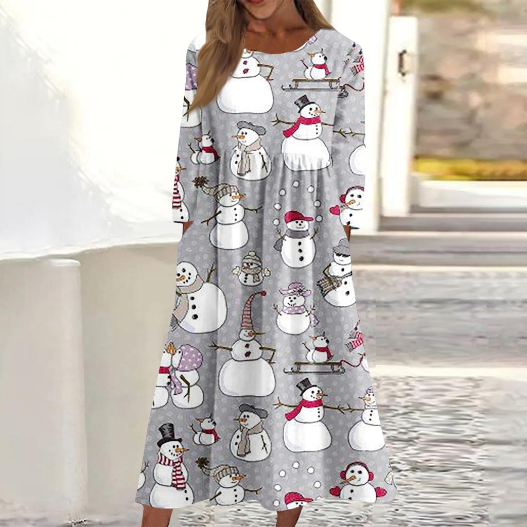 Women's Casual Round Neck Christmas Print Midi Dress Long Sleeve Pocket Dress