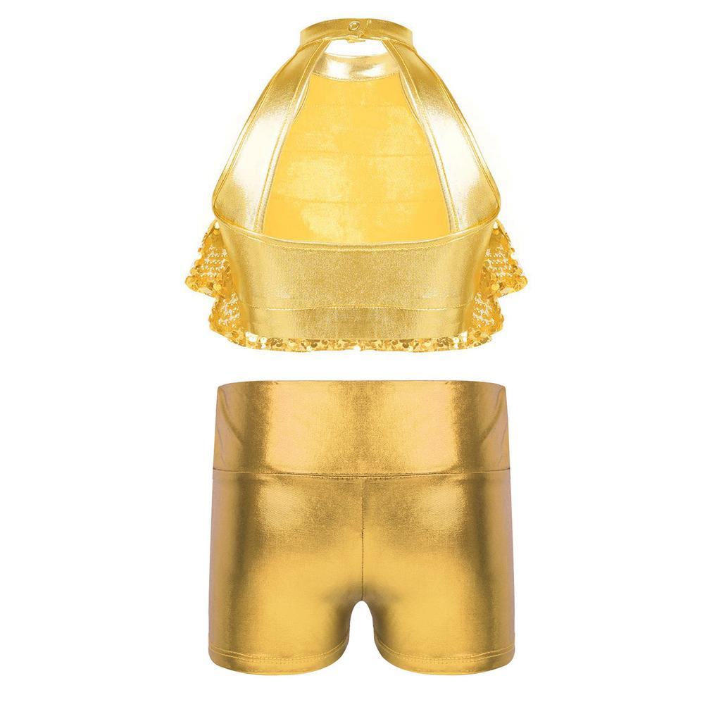 Top Corto da Bambina con Collo Alto Senza Maniche e Paillettes Pantaloncini Stratificati Lucidi Metallici Outfit per Danza sul Palco