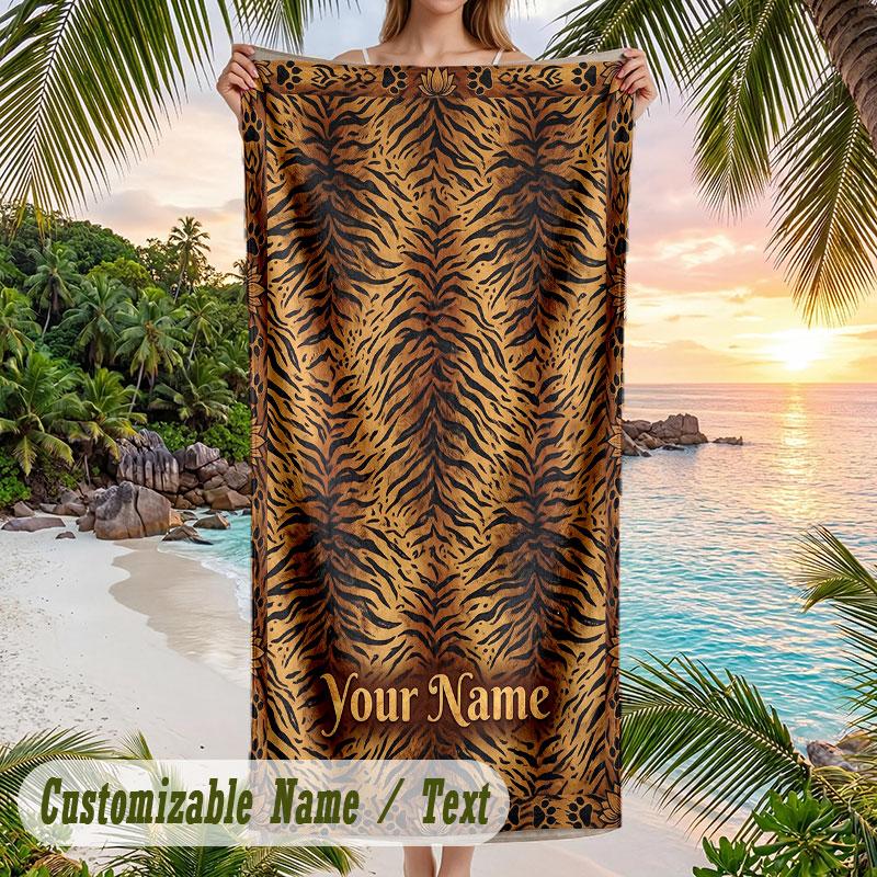 Tiger Spirit Clouds Theme Quick Dry Beach Towel Custom Name Text Print Large Sand Resistant Towel Beach Vacation
