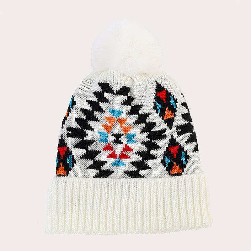 Hat Women's Winter Bohemian Colorful Plaid Jacquard Knitted Hat Imitation Hairball Warm Wool Hat
