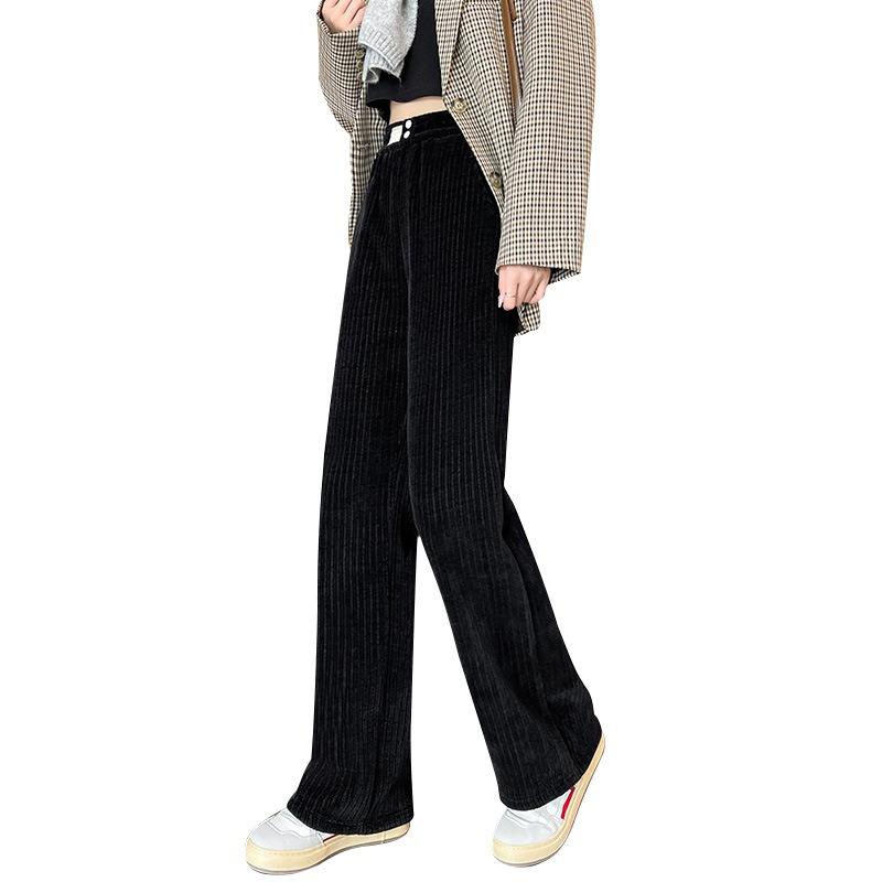 Black Chenier Wide Leg Pants Women's Pants Autumn and Winter Fleece Thickened Straight Pants Casual Skinny Corduroy Pants