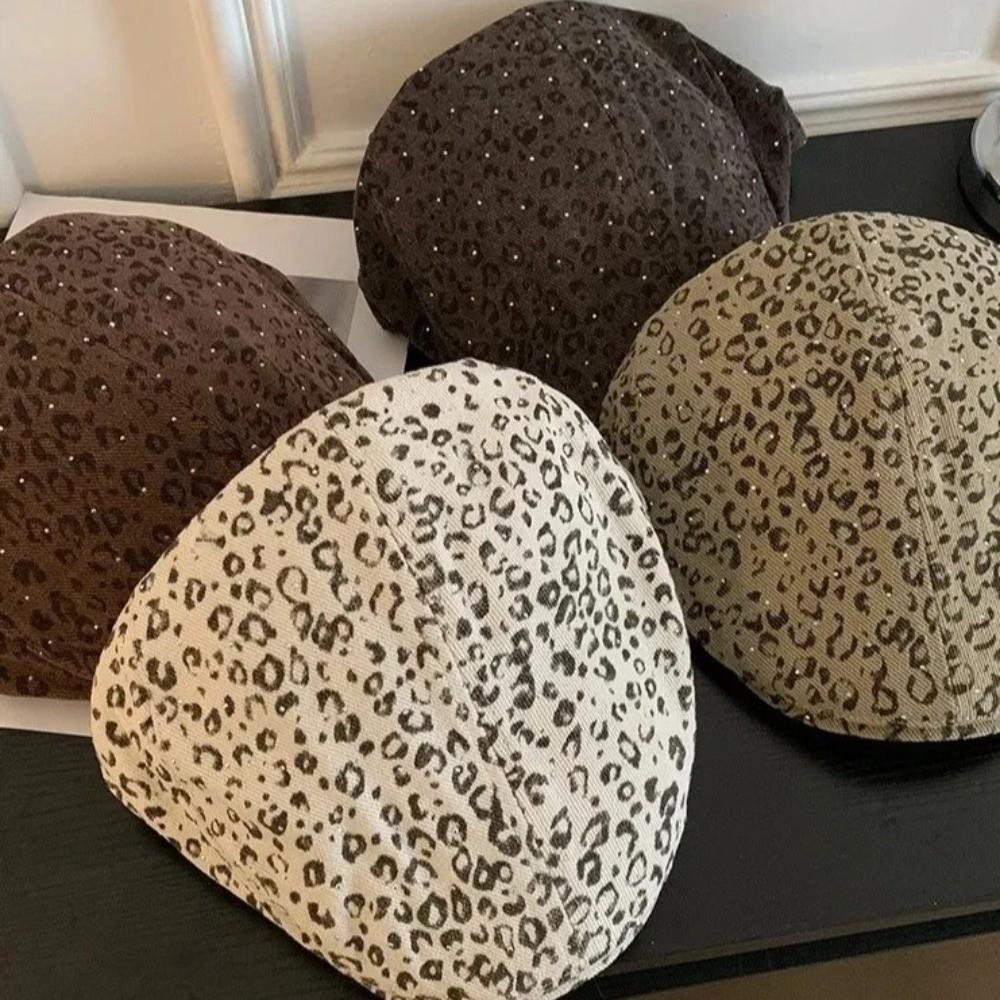 Y2k Leopard Print Beret Rhinestone Leopard Newsboy Cap Fashion Forward Hat  Outdoor