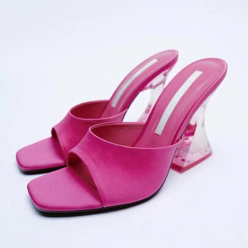 Summer New Transparent Sole High Heels Design Sense Square Head Sandals Fashion Temperament Cool Slippers