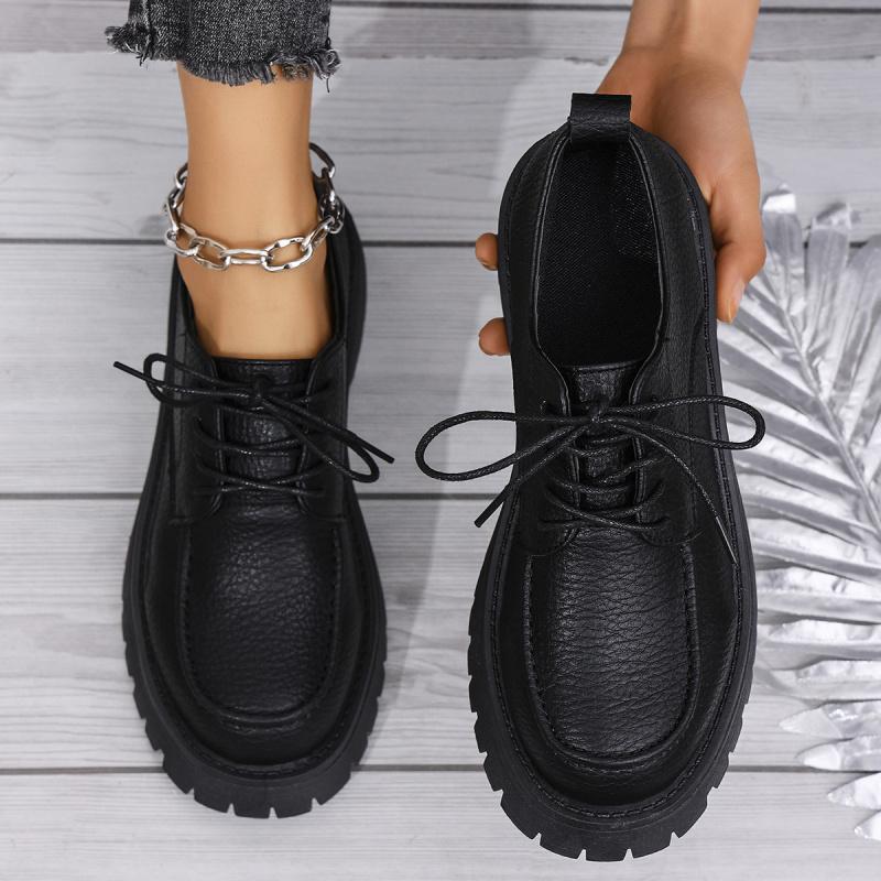 Large Size Thick-Soled Loafers Women  Spring New Style Chunky Heel Retro Lace-Up Professional Leather Shoes