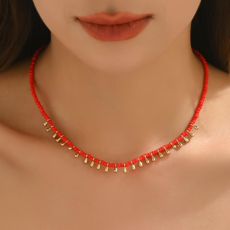 Simple Bohemian Style Water Drop Beaded Choker Clavicle Necklace for Women, Suitable for Daily Wear