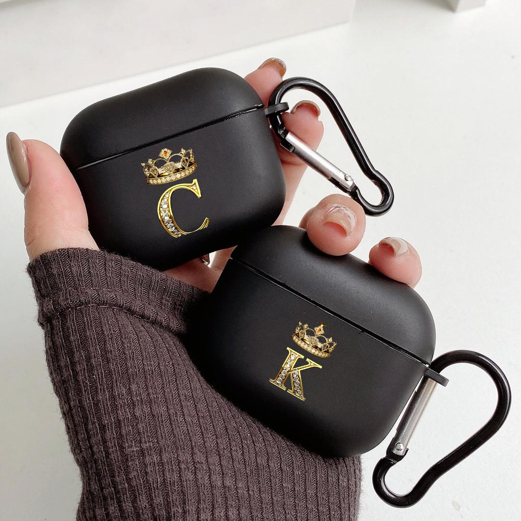Diamond Crown Letter 26 With Hook Case For AirPods 2 3 1 Cases For Apple AirPods Pro 2 Coque Black TPU Soft Earphone Cover