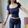 Square Collar High Stretch Summer Crop Tops Women Short Sleeve Tops Sexy Pullover Bottoming Blouses Slim T-shirt