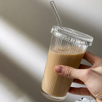 Tasse en verre à rayures simples de 380 ml avec couvercle et paille, tasse à thé transparente, verre à jus, canette de bière, lait, moka, tasse à café pour petit-déjeuner
