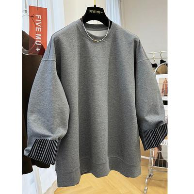 Unique Shirt Patchwork Fake Two-Piece Super Good Looking Spring Autumn Women's Loose Feeling Round Neck Sweatshirt