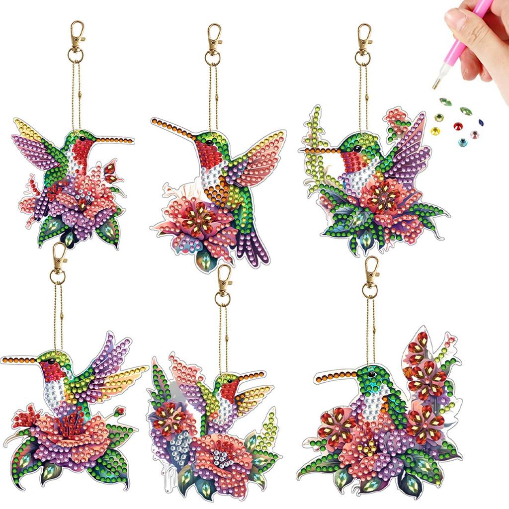 6Pcs Double Sided DIY 5D Round Diamond Art Charms Diamond Art Set Irregular Diamond Art Key Rings for Beginners Enthusiasts