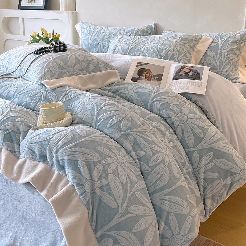 Thickened Milk Fleece Four-Piece Korean Carved Coral Fleece Double-Sided Flannel Quilt Cover Bed Sheet Bedding