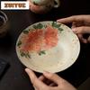 Hand Drawn Peony Rough Pottery Pot Bearing Holder Japanese Dry Brew Table Tea Tray Fruit Snack Plate Tableware Supplies Craft