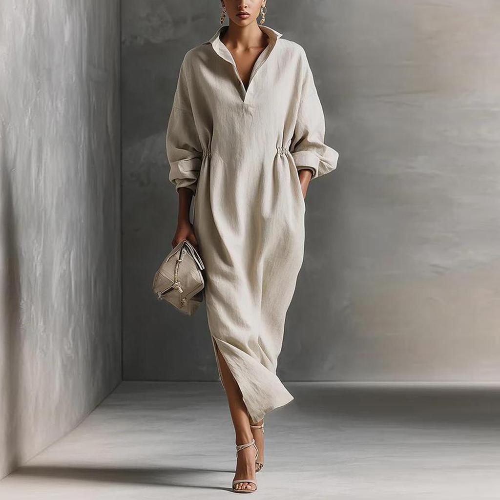 Women's Loose Fit Long Sleeve Shirt Collar Dress with Waist Drawstring and Side Pockets Casual Button Down Midi Dress for Spring Summer