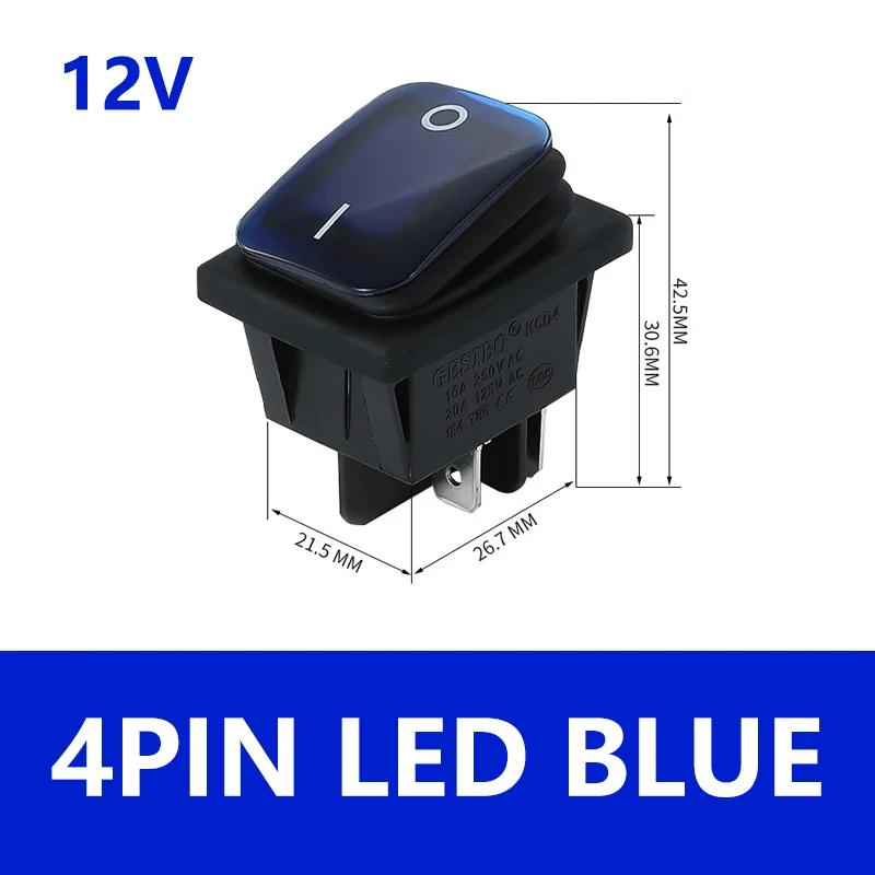 5PCS KCD4 12V 220V Waterproof And Oil Proof Latching Switch Four Feet ON OFF Red Green With Lights 4PIN Rocker Power Switch LED