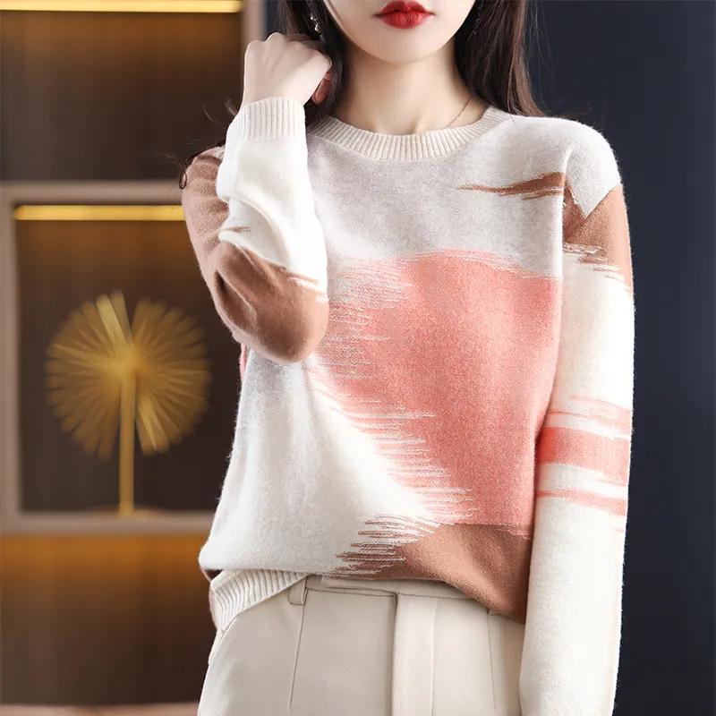 Round Neck Contrast Sweater Women's Autumn and Winter Loose Casual Knitted Sweater Fashion Pullover