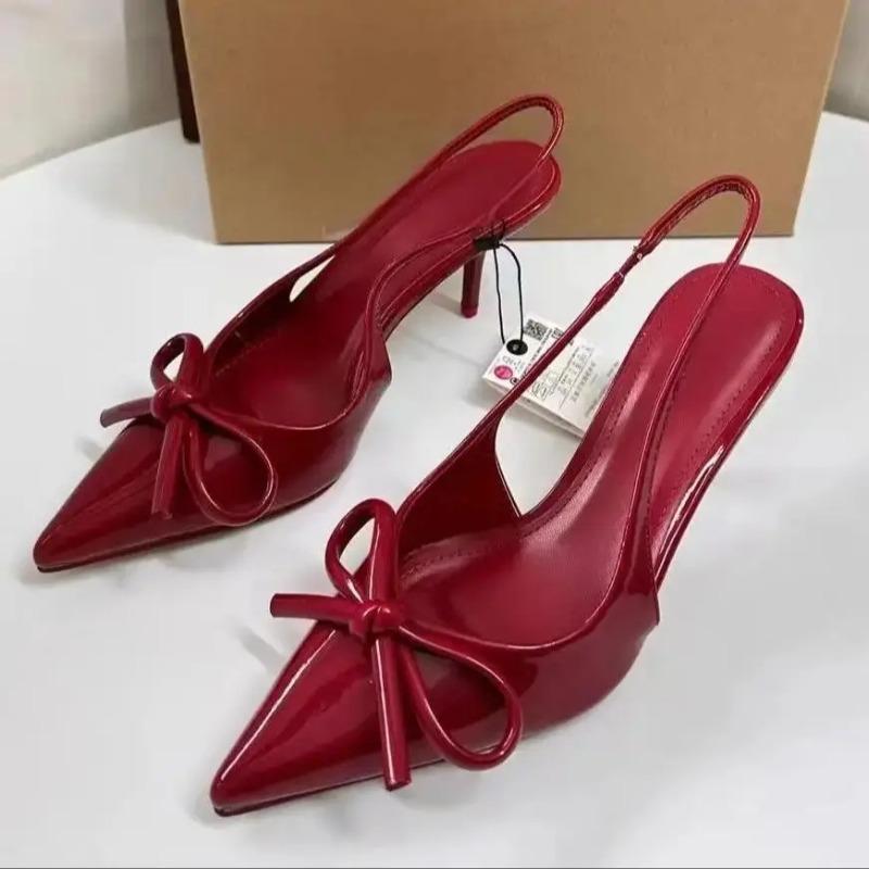 

Patent Leather High Heels Women Shoes Elegant Pointed Toe Butterfly-knot Wedding Party Female Slingbacks Sandals 42 вина червоного кольору