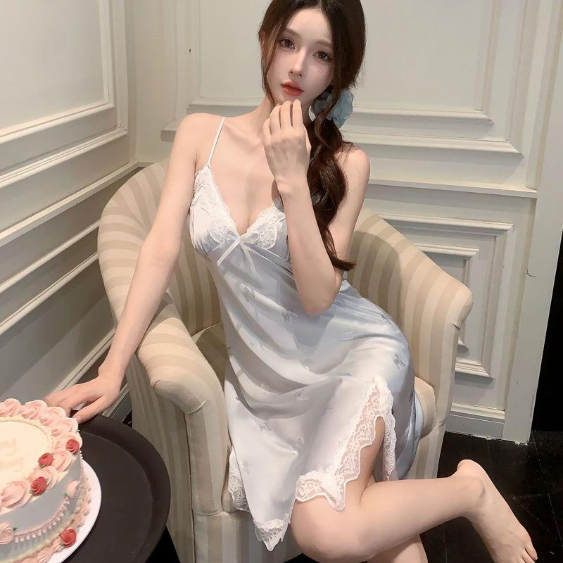 Summer nightdress with chest pad, hot silver butterfly print, thin pajamas, ice silk suspender skirt, sexy pure loungewear