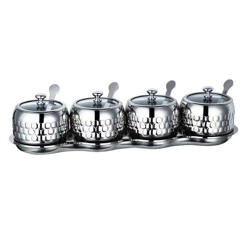 1PC Stainless Steel Sugar Bowl Coffee Seasoning Jar Condiment Pot Spice Container Canister Cruet with Glass Lid and Spoon